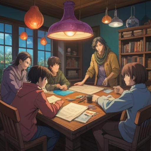 A visually engaging illustration of a diverse group of people collaborating around a large table filled with papers and digital devices, exchanging ideas and discussing plans, a sense of teamwork and unity, colorful sticky notes scattered around, bright office environment, lively expressions, 4k