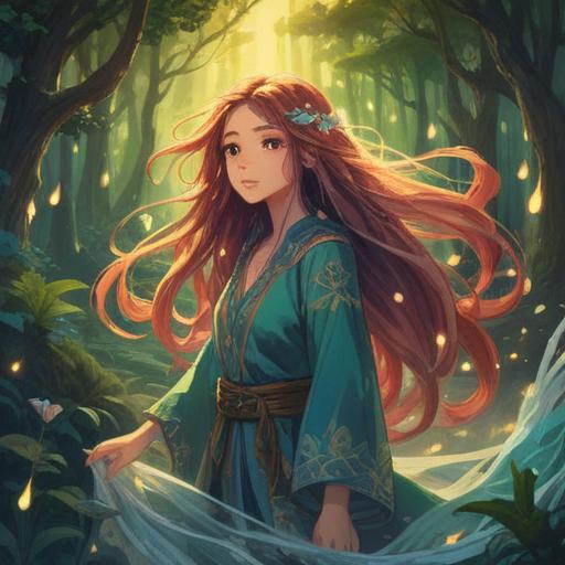 A serene illustration depicting a figure with flowing long hair, surrounded by ethereal lights and nature, representing spiritual growth and connection, illuminating energy around the hair, surrounded by gentle wind and soft clouds, calming colors, harmonious composition, 4k