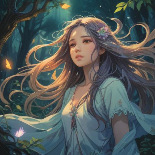 Spiritual symbolism of long hair, ethereal presence, nature elements surrounding a serene figure, flowing hair illuminated by soft light, connection to the divine, peaceful atmosphere, vibrant colors, harmonious composition, mystical forest backdrop, 4k