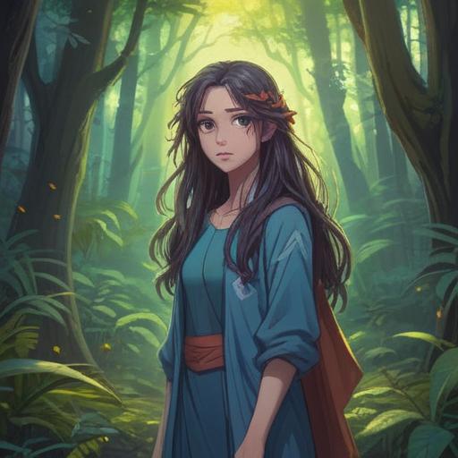A mystical scene depicting a long-haired figure standing in a serene forest, ethereal light filtering through the trees, symbols of spiritual warnings in the air, a gentle breeze gently swaying the hair, enchanting aura surrounding the figure, animals observing quietly, vibrant flora, tranquil atmosphere, 4k