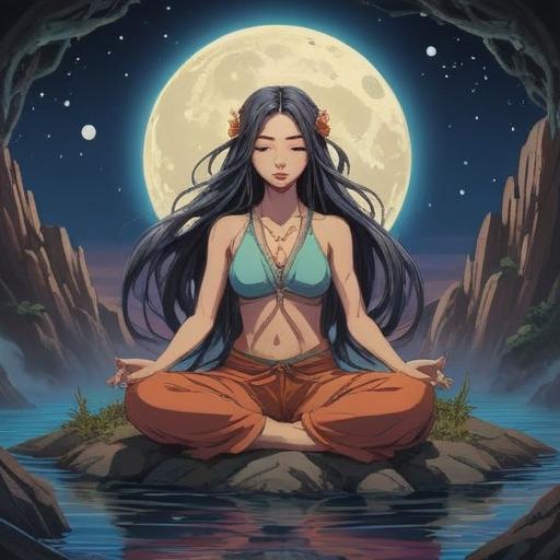 A mystical scene depicting the spiritual power of long hair, a serene figure meditating under a full moon, hair flowing gently with ethereal energy, luminous aura surrounding the character, nature elements harmonizing with the hair's energy, vibrant colors blending with soft pastels, tranquil atmosphere, detailed foliage, 4k