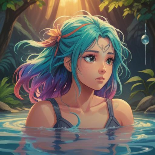 A serene scene of a person dyeing their hair in a tranquil setting, vibrant colors representing spiritual energy, symbolic imagery of transformation and self-discovery, gentle sunlight filtering through trees, a feeling of peace and renewal, soft expressions of joy and enlightenment, 4k