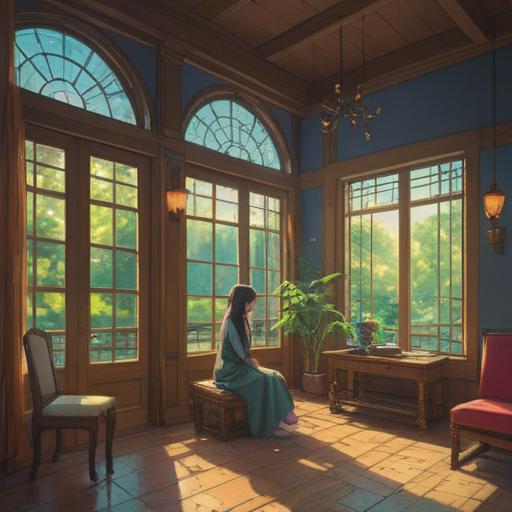A serene scene depicting a person sitting in a tranquil salon, sunlight streaming through the window, hair falling gently to the floor, a relaxed expression on their face, symbols of renewal and transformation in the background, ethereal light surrounding them, representing spiritual awakening, calm atmosphere, harmonious colors, peaceful vibes, 4k