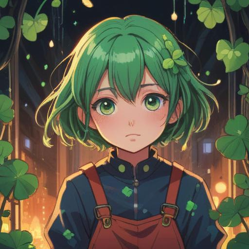 A vibrant illustration of a character admiring their freshly cut hair, surrounded by good luck charms, a shimmering four-leaf clover, a lucky cat figurine, bright confetti falling around, an optimistic smile on the character's face, colorful background, positive energy, cheerful atmosphere, 4k