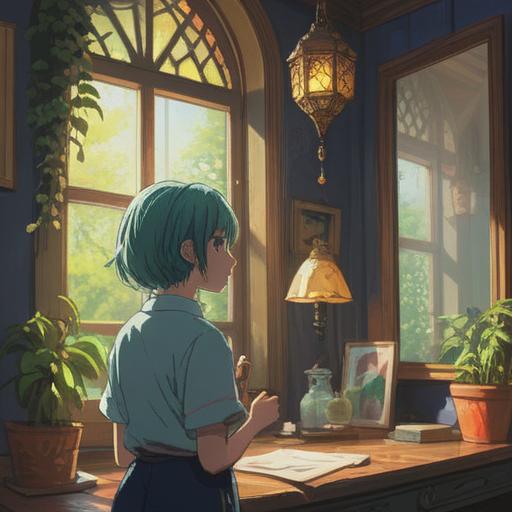A serene morning scene, a person with freshly cut hair looking at themselves in the mirror, soft sunlight streaming through the window, a journal and a cup of tea on the table, surrounded by houseplants, a feeling of new beginnings and self-reflection, muted colors, calm atmosphere, 4k