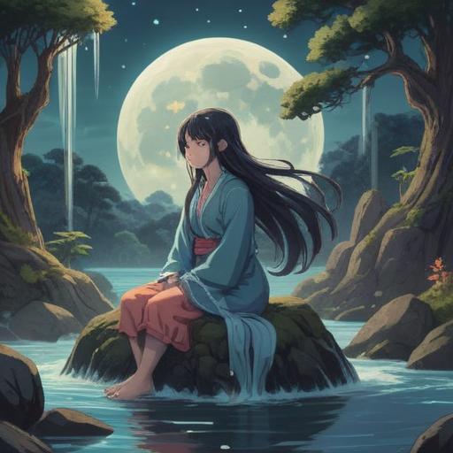 A serene and mystical scene, a figure meditating under a full moon, long flowing hair cascading down like a waterfall, surrounded by ethereal lights, nature's tranquility, symbolic growth and transformation, soft pastel colors, dreamlike atmosphere, 4k