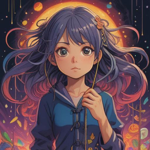 A whimsical illustration of a character growing their hair long, surrounded by magical lucky charms, vibrant colors, enchanting atmosphere, detailed close-up of the hair progression, symbols of good fortune like four-leaf clovers and horseshoes, serene expression, mystical background elements, 4k