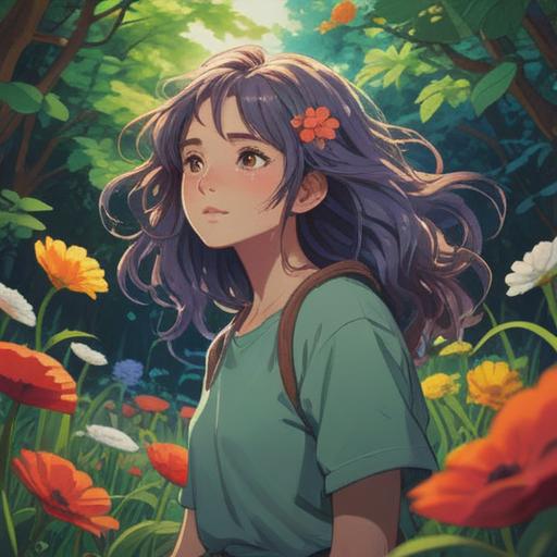 A serene scene depicting a person engaged in self-care while growing out their hair, surrounded by calming natural elements like flowers and sunlight, a comfortable space with soft cushions and inviting decor, an expression of joy and contentment on their face, gentle breeze playing with their hair, emphasizing mental well-being and personal growth, tranquil atmosphere, 4k