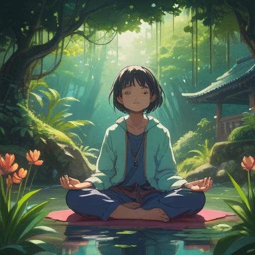 A serene and introspective scene, a person meditating in a tranquil environment, gentle breeze tugging at their hair, soft light filtering through trees, symbolizing spiritual connection and awakening, ethereal atmosphere, deep sense of peace, 4k