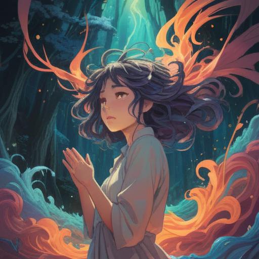 A mystical scene depicting a person experiencing a spiritual awakening while having their hair gently pulled, ethereal light surrounding them, soft energy waves emanating from their hair, subtle symbols of intuition and awareness in the background, serene facial expression reflecting inner clarity, natural elements like trees and flowing water enhancing the spiritual atmosphere, vibrant colors, high-resolution detail.