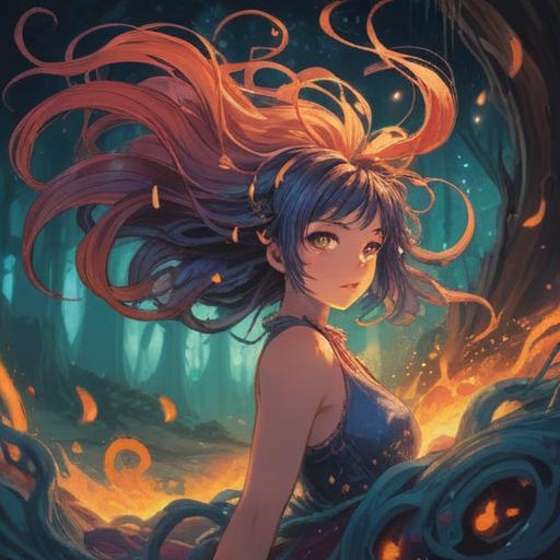 A vivid illustration of a person experiencing the sensation of hair being gently pulled, a surreal representation of luck, magical and whimsical atmosphere, sparkling lucky items surrounding them, ethereal light effects, enchanting colors, dreamlike setting, 4k