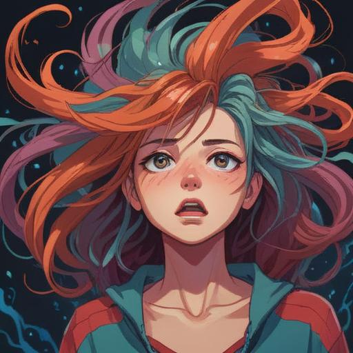 A surreal illustration depicting a person experiencing the sensation of hair being pulled, a moment of realization and enlightenment, vivid emotions expressed through body language, contrasting light and shadow, an ethereal background with dreamlike elements, symbolic representations of insight and discovery, 4k