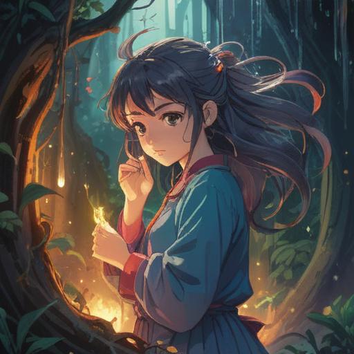 A mystical and introspective illustration, a figure in a serene setting, gently pulling their hair, surrounded by ethereal light, symbolizing the release of negativity, deep emotional journey, harmonious colors, soothing atmosphere, intricate details, spiritual growth, reflective expression, 4k