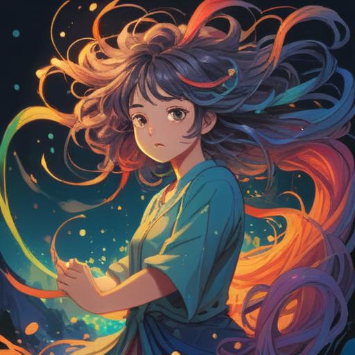 A serene and mystical illustration depicting a person gently pulling their hair, surrounded by ethereal light and symbolism of spiritual growth, vivid colors, nature-inspired elements like blooming flowers and flowing water, a sense of tranquility, harmonious connection with the universe, detailed facial expression reflecting introspection, 4k
