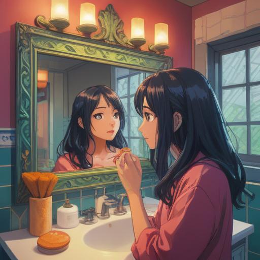 A serene morning scene, a person applying hair serum in front of a bathroom mirror, surrounded by natural light, showcasing a variety of hair care products on the counter, emphasizing self-care routines, gentle smiles, peaceful atmosphere, vibrant green plants in the background, sunlight reflecting off the mirror, warm tones, 4k