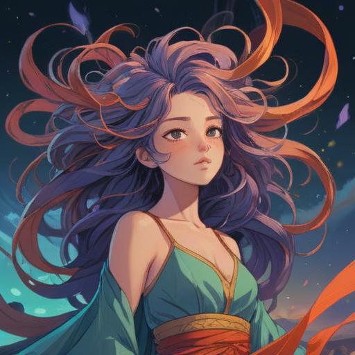 A spiritual illustration representing the desire to cut hair, symbolic representations of transformation and renewal, flowing locks embracing the wind, ethereal aura, inner peace and self-discovery, tranquil setting with soft lighting, vivid colors reflecting emotion, serene facial expression, 4k