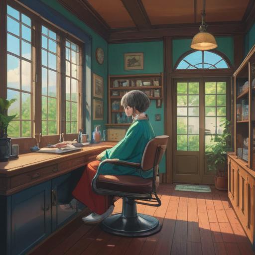 A serene and transformative scene depicting a person receiving a haircut in a peaceful salon, soft light filtering through the window, symbols of growth and renewal in the background, gentle expression on the person's face, showcasing the spiritual essence of change, a sense of calm and liberation surrounding the moment, 4k