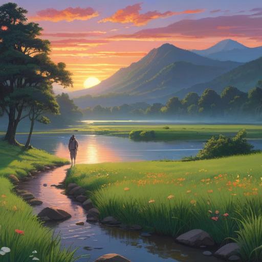 A serene natural landscape depicting a vibrant sunrise, tranquil flowing river, lush green meadows, a person standing on the shore contemplating the new day, symbolizing renewal and fresh beginnings, calming atmosphere, gentle breeze, inspirational mood, 4k