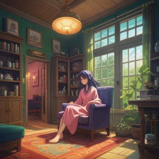 A serene illustration of a person sitting in a peaceful salon, surrounded by soft light and calming colors, hair falling gently to the floor, a sense of transformation and renewal in the air, spiritual symbols subtly integrated into the background, reflecting good omens from haircutting, tranquil atmosphere, inviting space, 4k