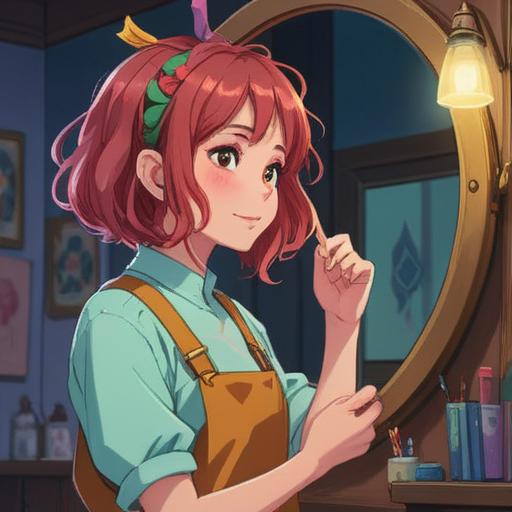 A cheerful scene of a person admiring their new haircut in front of a mirror, vibrant hair accessories displayed nearby, a look of happiness and excitement, bright colors, reflections capturing the essence of self-care, a cozy and inviting salon atmosphere, detailed hair texture, playful and uplifting mood, 4k