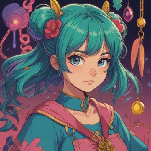 A whimsical illustration capturing the essence of changing hairstyles adorned with lucky charms, vibrant colors, playful accessories, enchanting atmosphere, detailed character expressions, unique hairstyles featuring flowers and trinkets, fantasy elements, enchanting forest setting, 4k