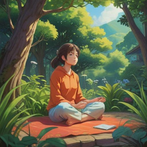 A serene and tranquil scene depicting a person meditating in a peaceful garden, gentle sunlight filtering through lush trees, a soft breeze rustling the leaves, symbolic imagery of hair gently falling like autumn leaves around them, illustrating the spiritual significance of letting go and renewal, a bright aura surrounding the individual, conveying a sense of calm and enlightenment, harmonious nature, vibrant colors, 4k