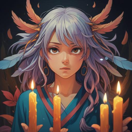 A mystical illustration depicting the spiritual signs associated with hair loss, ethereal light surrounding a figure, symbolic imagery like feathers and candles, a serene and contemplative setting, vibrant colors reflecting emotions, detailed facial expression showing concern and introspection, nature elements like trees and flowers symbolizing growth and change, 4k