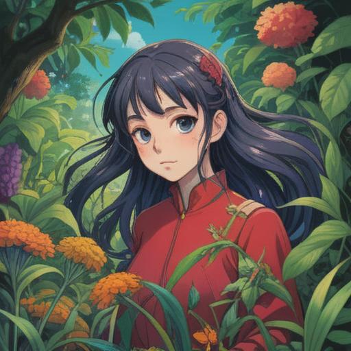 A whimsical illustration of a person gently pulling at their thinning hair, surrounded by vibrant lucky herbs, colorful foliage, a serene garden setting, soft sunlight filtering through the leaves, conveying a sense of hope and renewal, intricate details in the herbs, calming atmosphere, nature-inspired, high-resolution