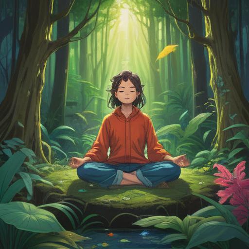 A serene illustration depicting a person meditating amidst a lush forest, surrounded by ethereal light, vibrant botanical elements representing hair health, a gentle aura radiating from their head, peaceful and harmonious atmosphere, symbolizing spiritual connection, vivid colors, detailed textures, 4k