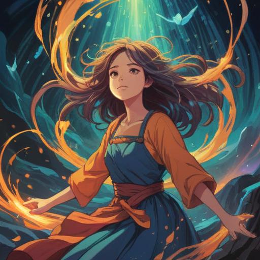 A spiritual illustration depicting a person surrounded by flowing hair, symbolic energy surrounding them, ethereal light beams, a serene expression, vibrant colors representing abundance, mystical elements like feathers and crystals, tranquil background with soft clouds, enchanting atmosphere, 4k