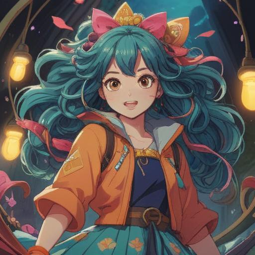 A vibrant and whimsical illustration of a character with voluminous hair adorned with colorful lucky accessories, a joyful expression showcasing confidence, surrounded by playful, sparkling elements symbolizing good fortune, bright and cheerful colors, enchanting atmosphere, detailed background with various lucky charms, 4k