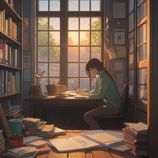 A serene workspace filled with stacks of organized documents, a person thoughtfully reviewing notes at a desk, sunlight filtering through the window, a cup of coffee steaming beside a laptop, a peaceful atmosphere, attention to detail in the arrangement of materials, soft natural lighting, inviting and productive environment, 4k