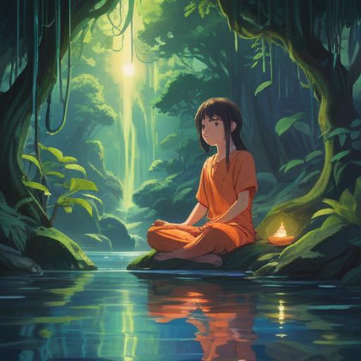 A serene and peaceful scene, a person meditating in nature, surrounded by lush greenery and flowing water, glowing aura representing positive energy, gentle sunlight filtering through the trees, harmonious connection with the environment, symbolic representation of spirituality, 4k