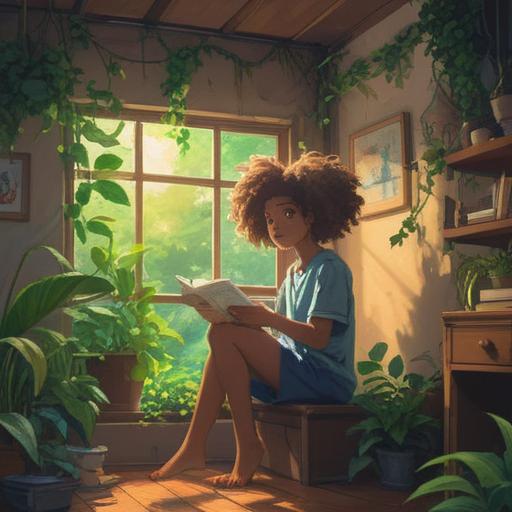 A serene and peaceful scene, a person sitting in a sunlit room, natural hair color flowing freely, surrounded by soft greenery, gentle sunlight streaming through the window, a sense of calm and tranquility, a warm atmosphere reflecting inner peace, detailed expression of contentment, soft textures and inviting colors, 4k