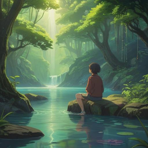 A serene and contemplative scene, a person sitting peacefully in a tranquil nature setting, surrounded by lush greenery and flowing water, light shining through the trees, embodying the idea of cleansing the spirit rather than physical cleanliness, symbols of freedom and letting go, soft and calming color palette, 4k
