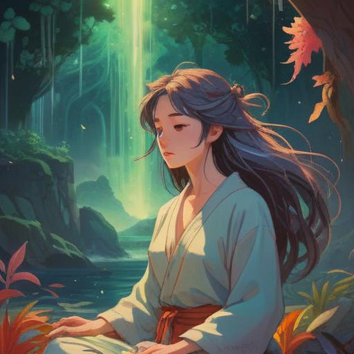 A serene and tranquil scene depicting a person in meditation, unwashed hair flowing freely, surrounded by soft light and ethereal aura, representing spiritual growth and inner peace, symbolizing liberation and authenticity, gentle colors, harmonious nature elements, calm and soothing atmosphere, 4k