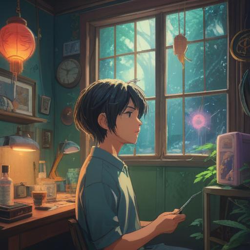 A serene and introspective scene depicting a person contemplating a haircut, surrounded by ethereal symbols representing spiritual signs, soft light illuminating the face, lush nature in the background, a feeling of transformation and renewal, peaceful atmosphere, subtle hints of guidance, 4k