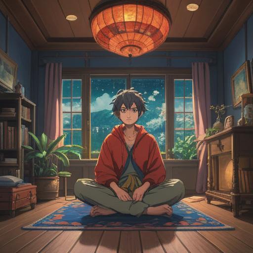 A serene and contemplative scene, a person sitting cross-legged in a tranquil room, surrounded by soft lighting and calming decor, reflecting on their thoughts before the haircut, a mirror in front showing their hair, peaceful expressions, gentle wooden furniture, vibrant plants, sense of inner peace, 4k