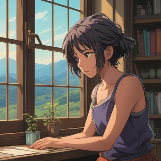 A serene scene depicting the act of cutting hair, representing spiritual renewal and transformation, bright natural light filtering through a window, symbolic elements like feathers and flowing water surrounding the character, a peaceful expression on their face, hints of vibrant energy and growth, soft focus, harmonious atmosphere, meaningful and reflective, 4k