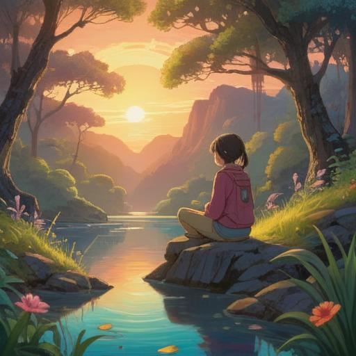 A serene moment of reflection, a person contemplating in a peaceful setting, surrounded by nature, symbolic representation of spiritual signs, gentle sunlight filtering through trees, a pair of scissors in the foreground, ethereal aura suggesting transformation, calming colors, harmonious atmosphere, 4k