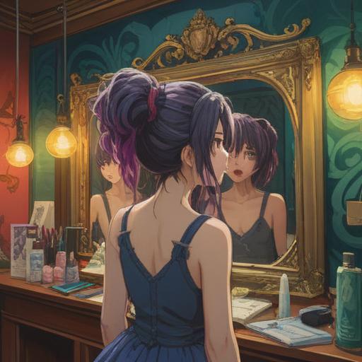 A person standing in front of a mirror, contemplating a dramatic haircut, excited expression, bright salon environment, hair clippings on the floor, vibrant colors, reflection showing determination, a pair of scissors in hand, inspiring transformation, 4k