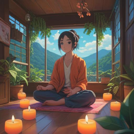 A serene and calming scene depicting self-care, a person meditating in a tranquil room, surrounded by soft natural light, peaceful atmosphere, with self-help books and soothing plants in the background, emphasizes mental reset and emotional healing, harmonious color palette, 4k