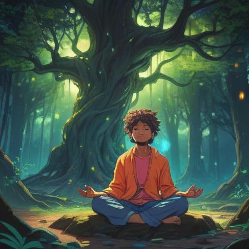 A serene illustration of a person meditating under a sacred tree, glowing hair representing spiritual growth, vibrant aura surrounding the figure, ethereal light filtering through the leaves, symbols of transformation and enlightenment, peaceful atmosphere, nature's harmony, 4k