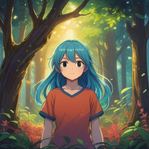 A serene and enlightening illustration, vibrant colors, flowing hair symbolizing spiritual growth, a calm nature setting with sunlight filtering through trees, soft facial expressions reflecting tranquility, intricate details of hair texture, ethereal aura surrounding the character, peaceful atmosphere, 4k