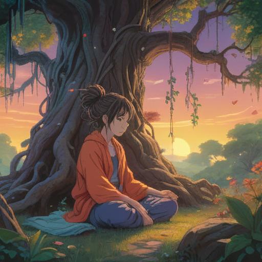 A mystical and serene scene depicting a person meditating under a tree, vibrant hair tied in a knot representing spiritual energy, soft glowing light surrounding the knot, gentle breeze causing leaves to flutter, harmonious and peaceful atmosphere, nature as a backdrop, ethereal colors, tranquil expressions, 4k