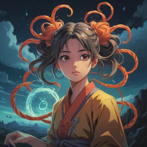 A mystical scene depicting a person with hair tied in a knot, surrounded by ethereal light, symbols of spirituality floating in the air, tranquil forest background, serene expression, emphasis on the knot as a focal point, vibrant colors, harmonious atmosphere, 4k