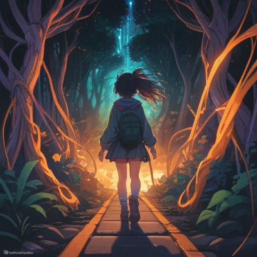 A metaphorical illustration of a person with hair ties forming a path, representing transformation and self-discovery, soft lighting, vibrant colors, serene background with nature elements, expressive facial features, dynamic poses, imaginative interpretation, 4k