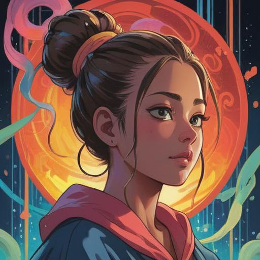 A serene illustration depicting a person with hair tied in a bun, surrounded by ethereal light, symbols of spirituality and balance in the background, nature elements like trees and flowers, soft and calming colors, a sense of tranquility and harmony, reflective expression, deep connection to inner self, spiritual energy emanating, surrounded by a misty aura, 4k