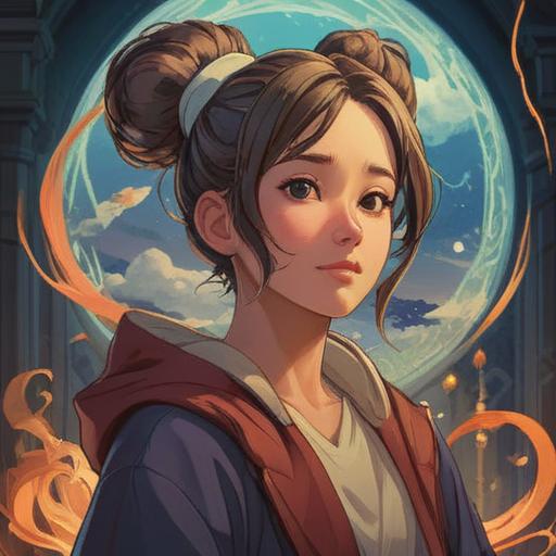 A serene illustration of a person with a hair bun, surrounded by ethereal light, symbolic representations of good omens, soft and mystical colors, delicate details in the hair, tranquil background with subtle spiritual motifs, harmonious atmosphere, 4k
