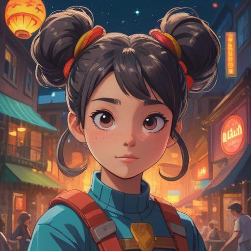 A character joyfully discovering a lucky hair bun, vibrant expression, sparkling background, whimsical atmosphere, surrounded by playful elements, bright colors, capturing the moment of surprise and excitement, detailed character design, 4k
